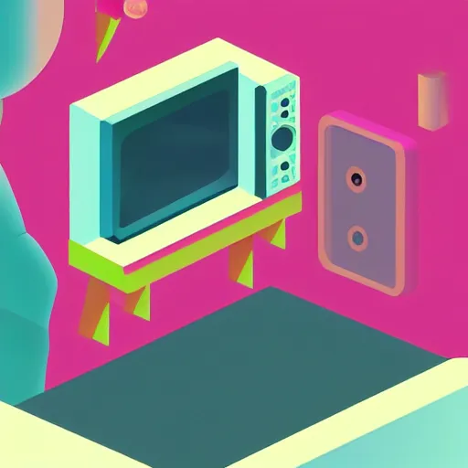 Prompt: an isometric illustration of a man watching tv, flat synthwave art style
