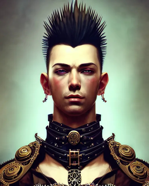 Prompt: steampunk male portrait, handsome, detailed mohawk, intricate warrior armor, fullbody, by ilya kuvshinov, godessmechanic, peter mohrbacher, greg rutkowski, dramatic lighting, elden rinh, intricate, highly detailed, deviant art, sharp focus, luminous, blender, deviant art, masterpiece, ray tracing