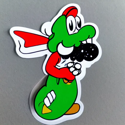 Image similar to die cut sticker, yoshi wearing mario's mustache, splatter paint