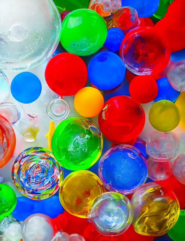 Image similar to a well - lit studio photograph of a clear bowl of water with various plastic toys floating in it, some smooth, some wrinkled, some long, some spherical, various sizes, textures, and transparencies, beautiful, smooth, detailed, inticate
