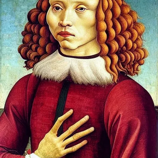 Image similar to beautiful renaissance painting portrait of ginger maine coon with white beard by sandro botticelli, jan van eyck, tiziano vecelli, piero della francesca