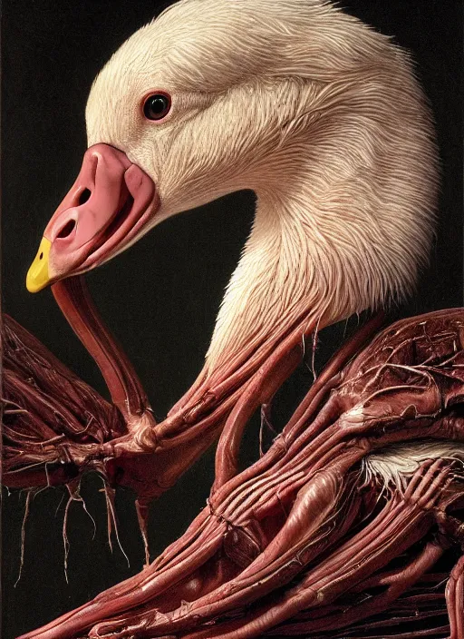 Image similar to portrait of a hyper realistic demonic goose with translucent skin, visible muscles and veins and arteries and bones and spines and nerves, beautiful detailed intricate insanely detailed octane render, 8k artistic photography, photorealistic, chiaroscuro, by David Cronenberg, Raphael, Caravaggio