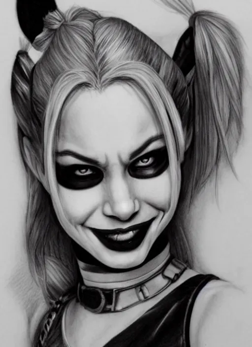 Prompt: a pencil drawing of harley quinn, highly detailed