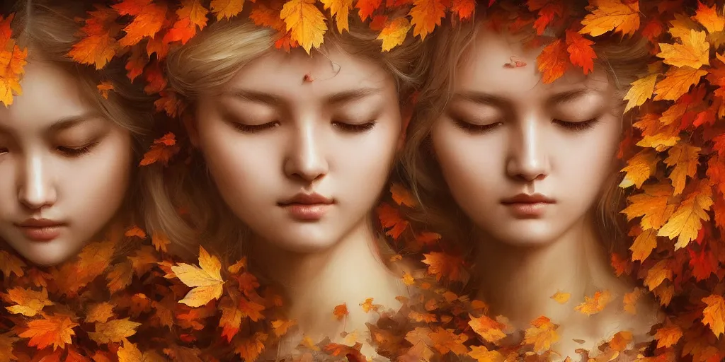 Image similar to breathtaking detailed concept art painting pattern of blonde goddesses faces blend of autumn leaves, by hsiao - ron cheng and volegov, bizarre compositions, exquisite detail, extremely moody lighting, 8 k