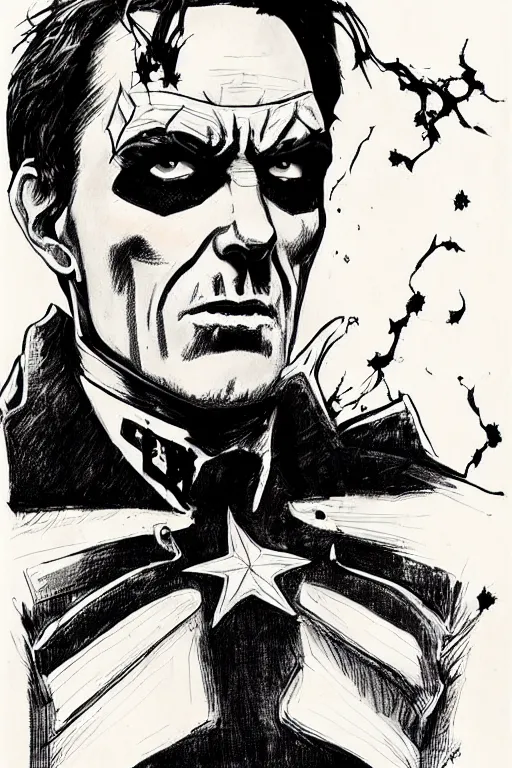 Image similar to beautiful portrait commission of a handsome Bryan Cranston as captain america in a vintage gothic style. black hair. pale skin, black makeup. character design by ralph steadman, detailed, inked, western comic book art