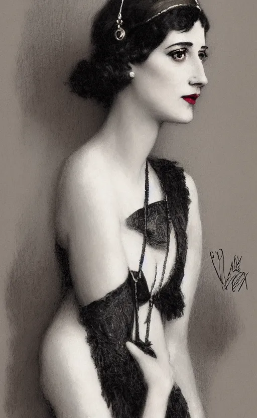 Image similar to portrait en buste flapper girl eva green, vesper lynd, vannessa ives, traditional corsican, intricate, highly detailed, artstation, illustration, jurgens, rutkowski, bouguereau, roaring 20s, 1920s