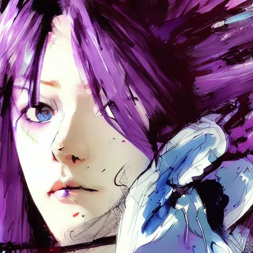 Prompt: purple - haired small beautiful woman with blue eyes, yoji shinkawa