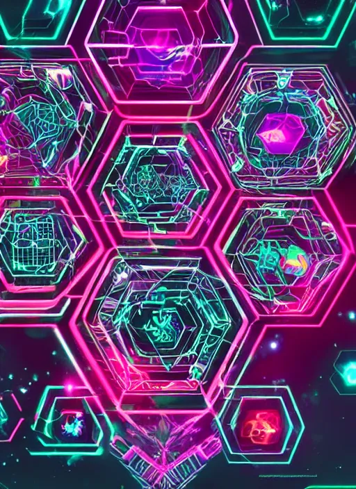 Image similar to A group of hexagonal fractals entangled in 5th dimension breaking the time, in cyberpunk and new retro wave style