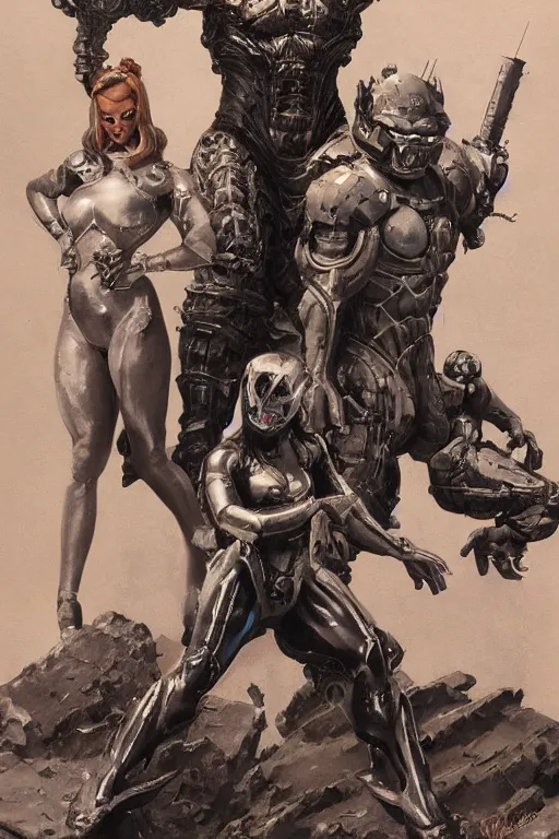 Prompt: full body portrait of rich piana as armoured demon standing beside elegant space woman in latex spacesuit, by norman rockwell, jack kirby, jon berkey, earle bergey, craig mullins, ruan jia, jeremy mann, tom lovell, marvel, astounding stories, 5 0 s pulp illustration, scifi, fantasy, artstation creature concept