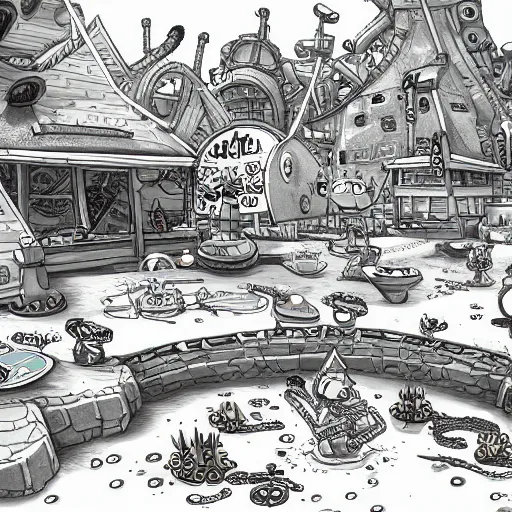 Image similar to bikini bottom drawn by stephen hillenburg, dynamic lighting, fantasy concept art, trending on art station, stunning visuals, creative, cinematic, ultra detailed