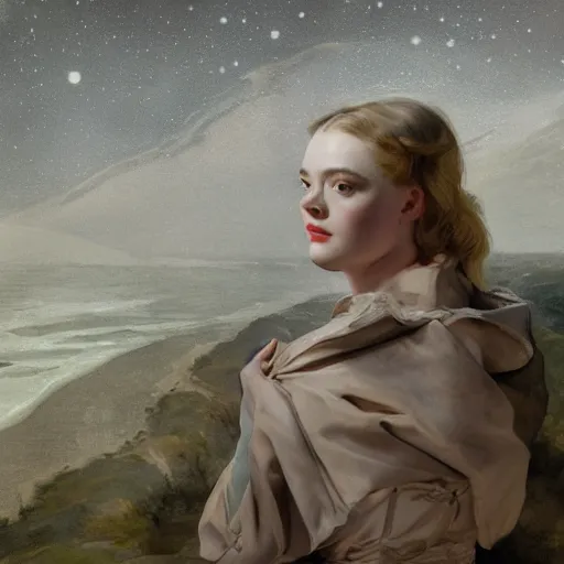 Image similar to leyendecker and peter paul rubens, head and shoulders portrait of a elle fanning in the world of andrew wyeth, nighttime, starry sky, unreal engine, fantasy art by global illumination, radiant light, detailed and intricate environment