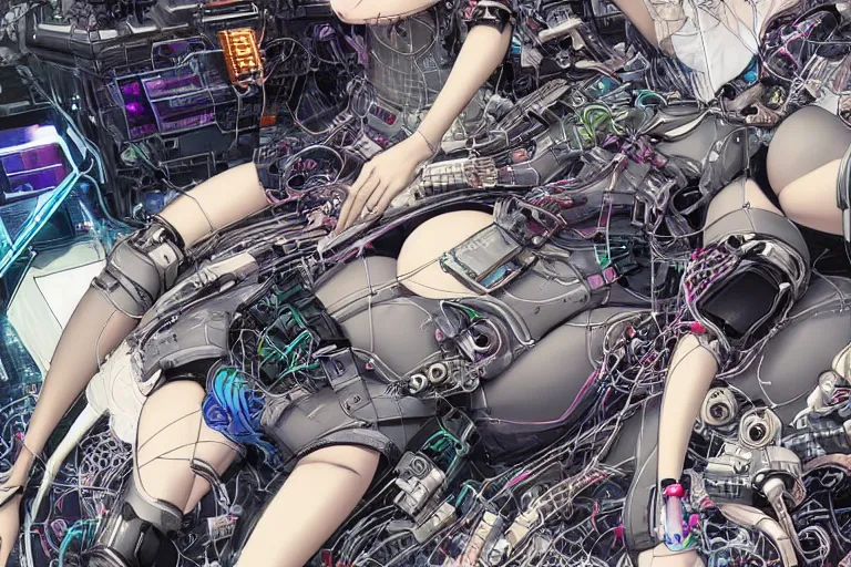 Image similar to a cyberpunk illustration of a group of female androids in style of hajime sorayama, lying on an abstract, empty, white floor with their body parts scattered around and cables and wires coming out, by katsuhiro otomo and masamune shirow, hyper-detailed, intricate, colorful, view from above, wide angle, close up, beautiful