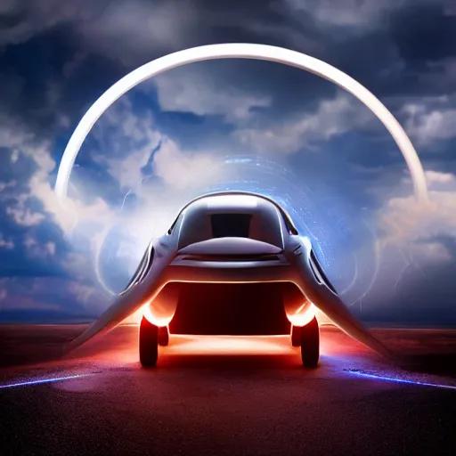 Prompt: futuristic flying car in a night sky thunderstorm, emerging from a circular portal made of lightning, 8k 28mm cinematic photo