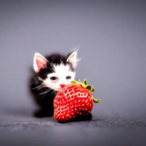 Prompt: macro shot photograph of an extremely tiny baby kitten on top of a giant strawberry