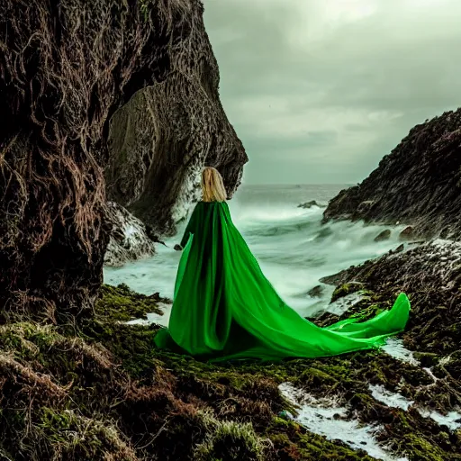 Image similar to dark and moody 1 9 7 0's artistic spaghetti western film in color, a woman in a giant billowy wide long flowing waving dress made out of white sea foam, standing inside a green mossy irish rocky scenic landscape, crashing waves and sea foam, volumetric lighting, backlit, moody, atmospheric