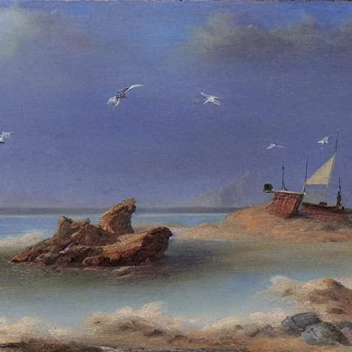 Prompt: A coast with sand and small rocks with a blue sky and a troubled sea and an old sailing ship on the horizon and in the sky is a flock of birds flying southwards, painted in oil colours, in the style of Frants Landt