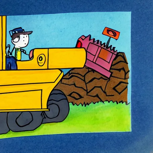 Image similar to children's book illustration of a digger in the backyard