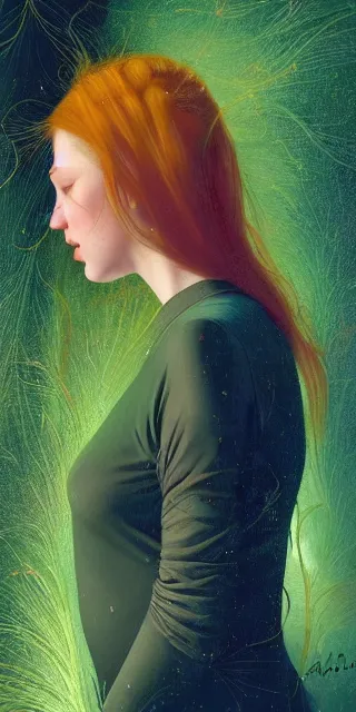 Prompt: an amazed young woman surrounded by golden firefly lights in a mesmerizing scene, sitting amidst nature fully covered, long loose red hair, precise linework, accurate green eyes, small nose with freckles, smooth oval shape face, empathic, bright smile, expressive emotions, hyper realistic portrait by artemisia gentileschi, jessica rossier, boris vallejo