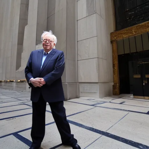 Prompt: warren buffet as a kristy creme standing outside wall street stock exchange, reality, realistic, detailed, 8 k, award winning, wide shot,