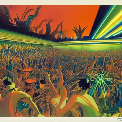 Image similar to boiler room, rave party, crowd, by roger dean