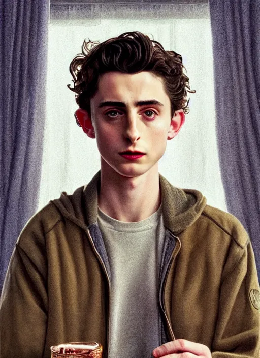 Prompt: twin peaks movie poster art, portrait of timothee chalamet, from scene from twin peaks, clean, simple illustration, nostalgic, domestic, highly detailed, digital painting, artstation, concept art, smooth, sharp focus, illustration, artgerm, donato giancola, joseph christian leyendecker, wlop