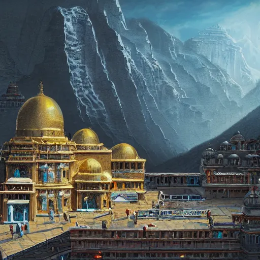 Prompt: A beautiful and detailed matte painting of the Badrinath Temple, immaculate scale, trending on Artstation, Dan Mumford