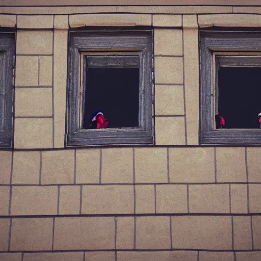 Image similar to some dwarfs are making some backward somersault from a balcony, close up photography