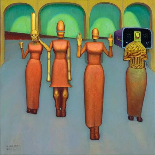 Image similar to robot druids in a grand processional, grant wood, pj crook, edward hopper, oil on canvas