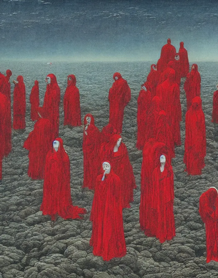 Prompt: worshippers in red robes belonging to the cult of the lighthouse on the rocky shore right in front of the lighthouse, high detailed beksinski painting, part by adrian ghenie and gerhard richter. art by takato yamamoto. masterpiece, deep colours, blue