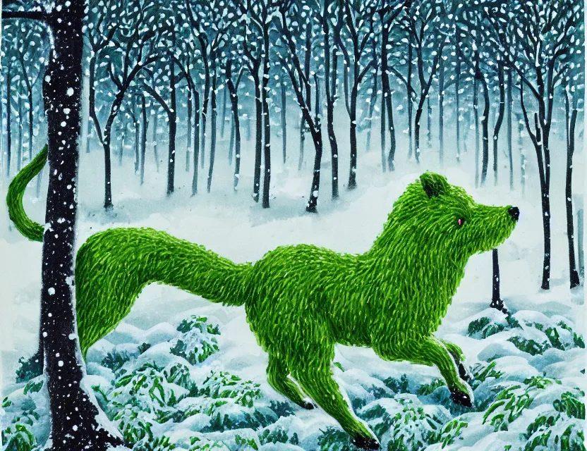 Prompt: lush green chia pet animal frolicking in snowy woods, stormy skies. russian fairytale art, gouache, dynamic composition, backlighting