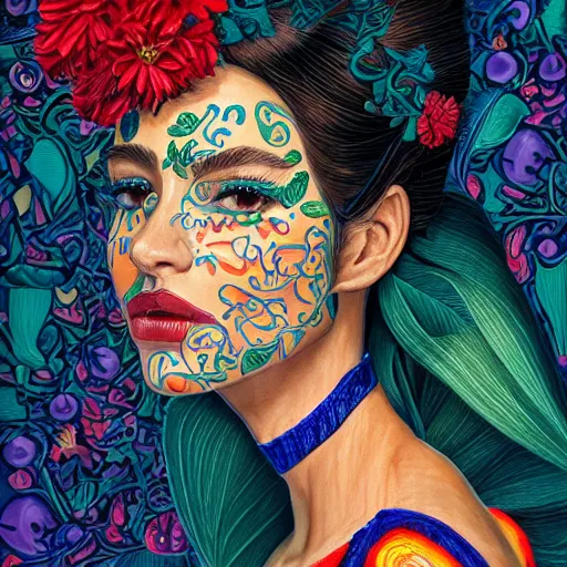 Prompt: the portrait of a beautiful and elegant young hispanic woman made up of peppers, an ultrafine detailed illustration by james jean, intricate linework, bright colors, final fantasy, behance contest winner, vanitas, angular, altermodern, unreal engine 5 highly rendered, global illumination, radiant light, detailed and intricate environment