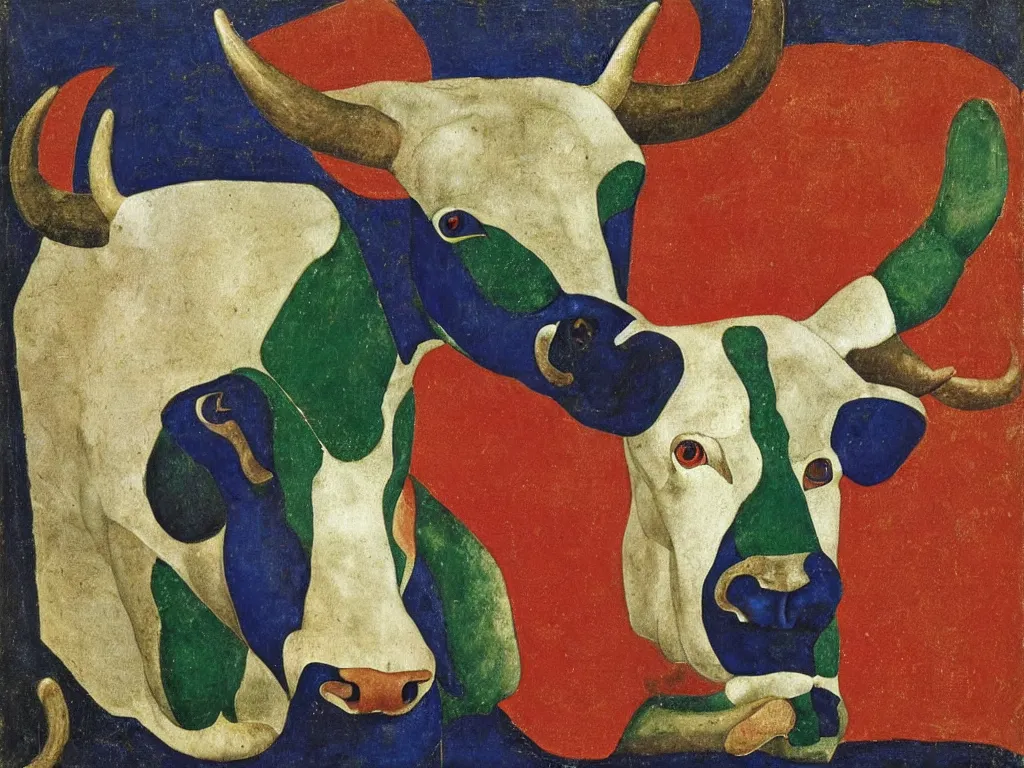 Image similar to portrait of a bull head. lapis lazuli, malachite, cinnabar, gold. painting by piero della francesca, balthus, agnes pelton