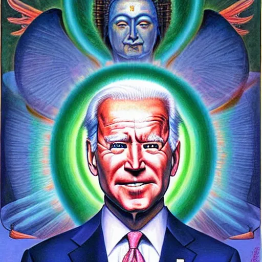 Prompt: bodhisattva joe biden by alex grey, jon mcnaughton, rembrandt, and william blake