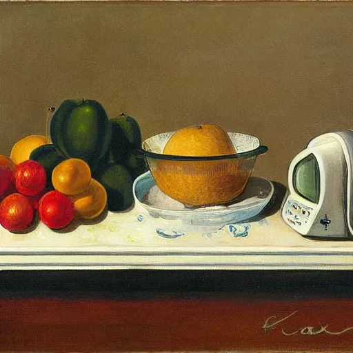 Image similar to A still life of a microwave, Gaspar Peeter, Max Carlier, painting, table, fruit bowl