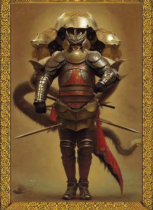 Image similar to portrait of hide the pain harold in a chinese dragon in armor and helmet, majestic, solemn, symmetrical, detailed intricate, hyper realistic, by bouguereau