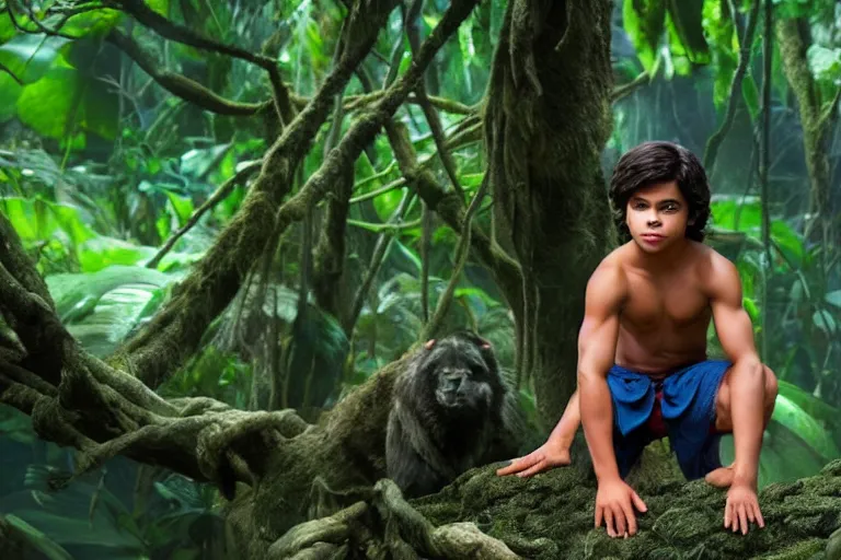 Image similar to young jake t. austin plays mowgli in the live action adaptation of the jungle book, 3 5 mm photography, highly detailed, cinematic lighting, 4 k