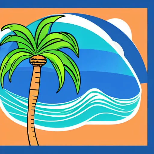 Image similar to waves in front of a palm tree in front of a giant volleyball vector logo, professional sports style, flat colour, svg, professional, sharp edges