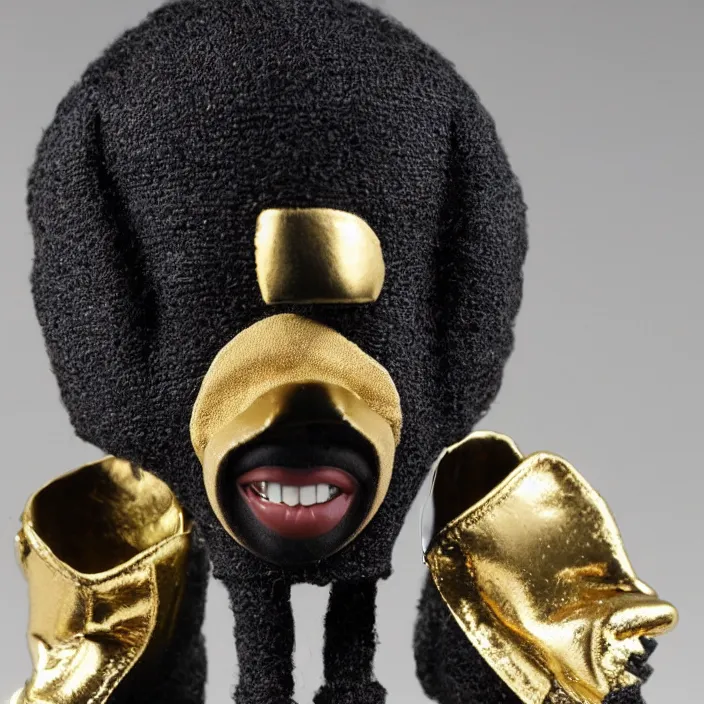 Image similar to a goodsmile figure of kanye west using a black face - covering mask made of cloth with small holes, a blue undersized open puffer jacket, a black shirt underneath, small gold chain, and black rubber boots, figurine, detailed product photo