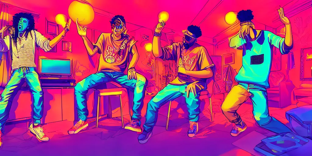 Prompt: friends rapping together in living room, party, epic pose, digital art, vaporwave, psychedelic, surreal, hip hop, trending on Artstation, professional artist, detailed, 4k