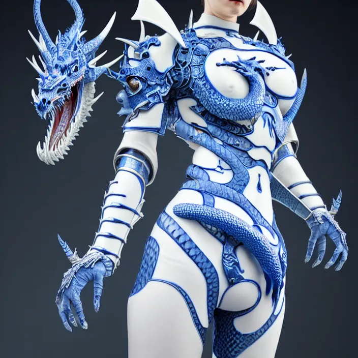 Image similar to porcelain cyborg armor, Chinese Kangxi Blue and white dragon pattern porcelain, diffuse lighting, fantasy, intricate, elegant, highly detailed, lifelike, photorealistic, digital painting, artstation, illustration, concept art, smooth, sharp focus, art by John Collier and Albert Aublet and Krenz Cushart and Artem Demura and Alphonse Mucha