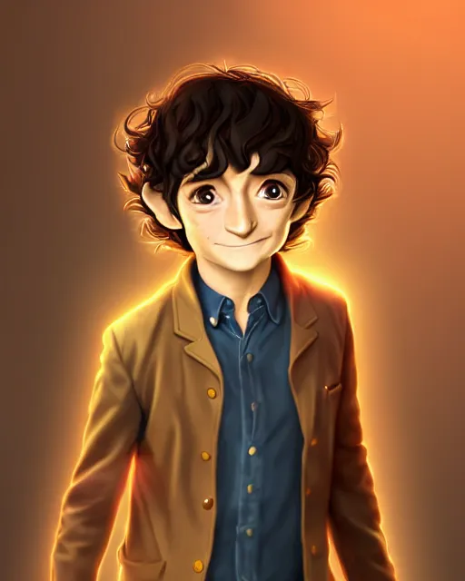 Image similar to portrait Anime joyful Hobbit Frodo Baggins; velvet brown jacket, backpack, Shire background || cute-fine-face, pretty face, realistic shaded Perfect face, fine details. Anime. realistic shaded lighting by Ross Tran