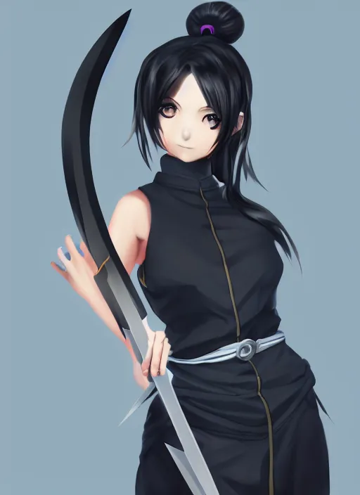 Prompt: portrait of a beautiful anime ninja girl with black ponytail, holding a kunai, digital painting, trending on artstation, deviantart, artgem, perfect composition, ross draws, wlop