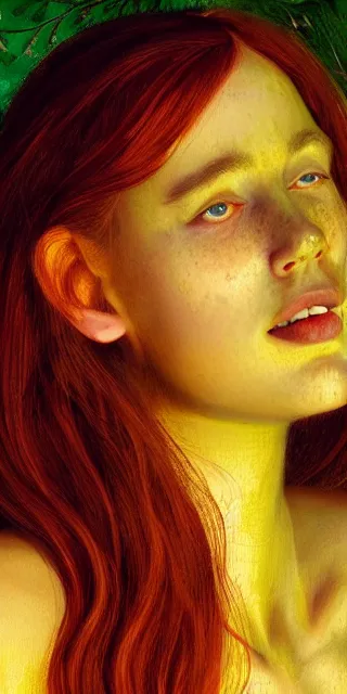 Image similar to an amazed young woman surrounded by golden firefly lights in a mesmerizing scene, sitting amidst nature fully covered, long loose red hair, precise linework, accurate green eyes, small nose with freckles, smooth oval shape face, empathic, bright smile, expressive emotions, hyper realistic ultrafine portrait by artemisia gentileschi, jessica rossier, artgerm