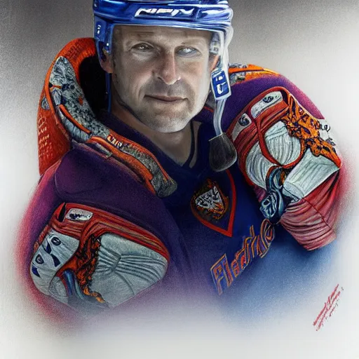 Image similar to beautiful portrait of hockey coach Clint Malarchuk, fantasy, intricate, elegant, highly detailed, digital painting, artstation, concept art, smooth, sharp focus, luxury fashion illustration, art by artgerm and greg rutkowski and alphonse mucha, brightly lit cinematic soft lighting, photorealistic