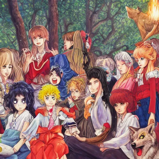 Image similar to a painting of a group of people around a fire while a wolf god watches them, a storybook illustration by naoko takeuchi, behance contest winner, fantasy art, artstation hq, official art