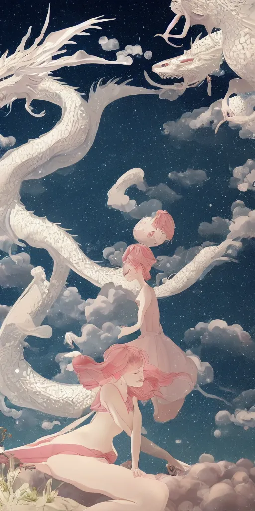 Prompt: the beautiful scene render that a girl lies in the arms of a huge white dragon in the fairyland surrounded by white clouds, in the style of victo ngai, animation style, 8 k hd, trending on cgsociety, trending on artstation, hyperrealism, highly detailed, characteristics of golden curve