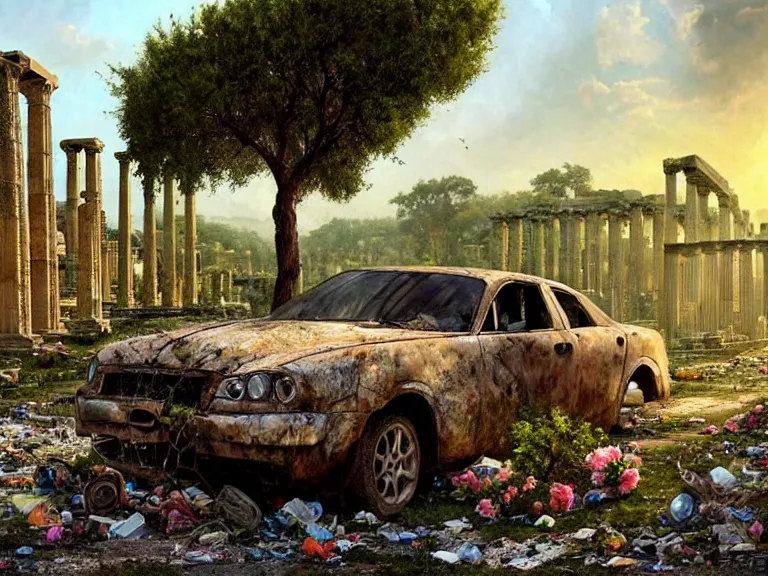 Image similar to a tree growing on a scrap car in ancient greek ruins, gray wasteland, many scrap cars, trash, rubble, overgrown, pillars and arches, colorful flowers, vines, hyperrealistic, highly detailed, cinematic, ray of golden sunlight, beautiful, cgsociety, artstation, 8 k, oil painting by greg rutkowski, by artgerm, by wlop