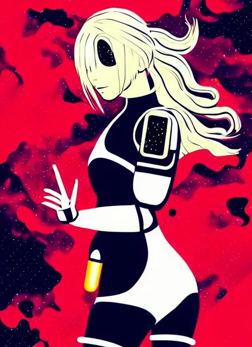Prompt: Pop art painting of a hopeful pretty astronaut lady with a wavy blonde hair, 4k resolution, nier:automata inspired, bravely default inspired, vibrant but dreary but upflifting red, black and white color scheme!!! ((Space nebula background))