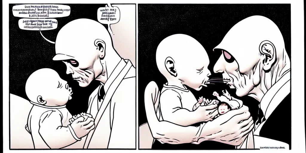 Image similar to dead moebius kissing baby moebius by moebius