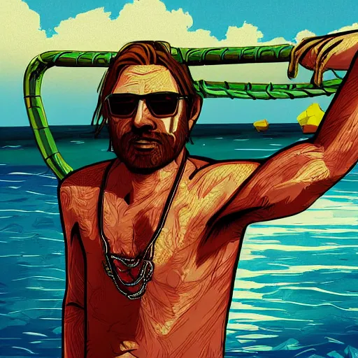 Image similar to Main character of Hotline Miami video game sunbathing at the beach, digital painting, detailed, realism